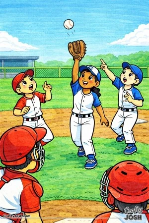 Multiple young baseball infielders gather beneath a high pop-up as one player raises a glove to make the catch while teammates call out nearby