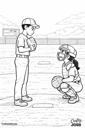 A young baseball pitcher stands calmly on the mound while a catcher crouches behind home plate, the two players locking eyes in a focused moment