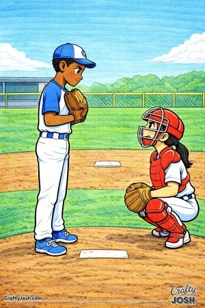 A young baseball pitcher stands calmly on the mound while a catcher crouches behind home plate, the two players locking eyes in a focused moment