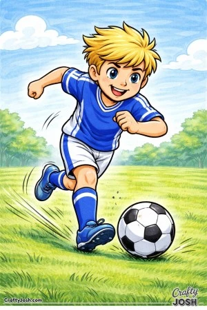A young youth soccer player is shown sprinting forward while dribbling a soccer ball with focus and confidence on a simple field