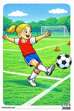 This coloring page shows a youth soccer player at the peak of a powerful shot