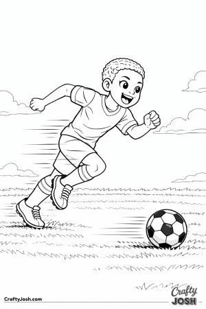 This coloring page shows a youth soccer player sprinting at full speed while pushing the ball ahead across the field