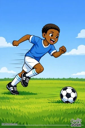 This coloring page shows a youth soccer player sprinting at full speed while pushing the ball ahead across the field