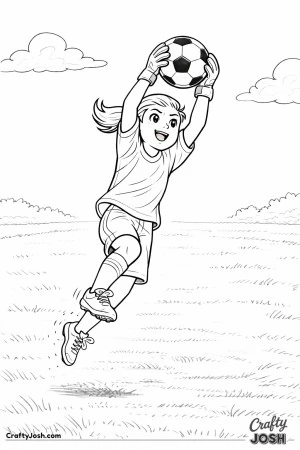 A young youth soccer goalkeeper is shown reaching upward to catch a soccer ball