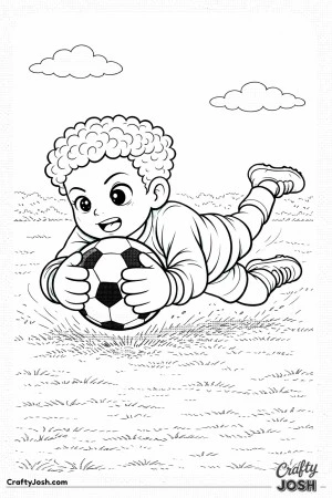 This coloring page shows a youth soccer goalkeeper diving forward to smother the ball securely against their chest on the field