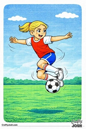 This coloring page shows a youth soccer player jumping and turning mid-air while keeping the ball close under control
