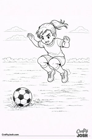 A youth soccer player jumps lightly over a soccer ball