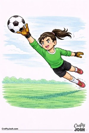 A youth soccer goalkeeper leaps sideways and reaches with one hand to tip the ball while fully stretched in the air