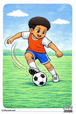 This coloring page shows a youth soccer player performing a quick step-over move