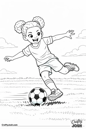 This coloring page shows a youth soccer player taking a powerful shot while running across the field
