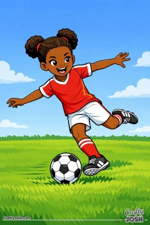 This coloring page shows a youth soccer player taking a powerful shot while running across the field