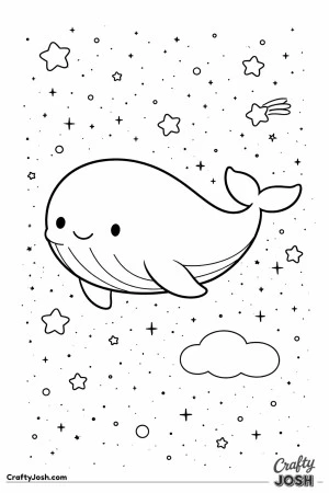 This image shows a glowing smiling whale floating through a dark starry sky with a shooting star and a fluffy cloud