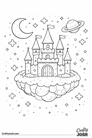 A fantasy castle floats on a small island in outer space with a crescent moon, a ringed planet, and stars all around it