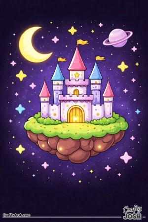 A fantasy castle floats on a small island in outer space with a crescent moon, a ringed planet, and stars all around it