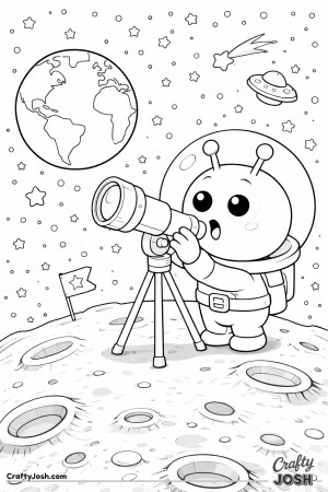 A friendly alien explorer stands on the moon and looks through a telescope toward Earth with a curious expression, surrounded by stars and space ..
