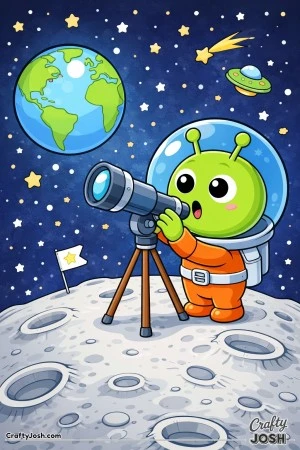 A friendly alien explorer stands on the moon and looks through a telescope toward Earth with a curious expression, surrounded by stars and space ..