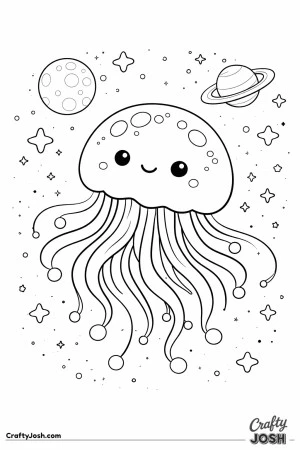 A cute glowing jellyfish floats in outer space with colorful stars and two planets in the background