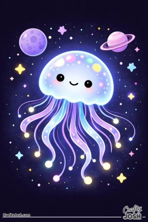 A cute glowing jellyfish floats in outer space with colorful stars and two planets in the background