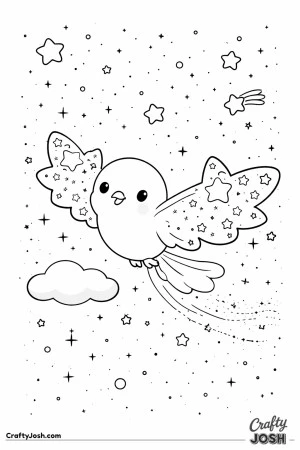 This image shows a cute bird flying through a starry sky with big star-shaped wings, a cloud, and a shooting star