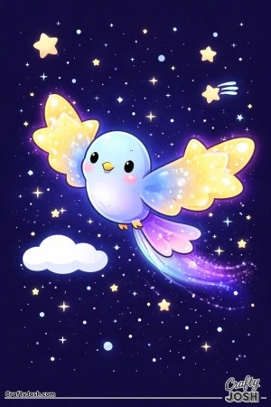 This image shows a cute bird flying through a starry sky with big star-shaped wings, a cloud, and a shooting star