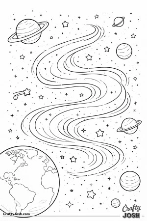 This image shows a swirling ribbon of space wind moving through a starry sky with several planets, including Earth and ringed planets