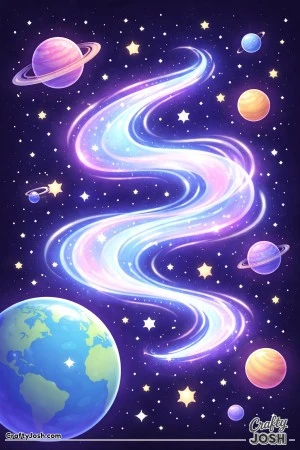 This image shows a swirling ribbon of space wind moving through a starry sky with several planets, including Earth and ringed planets