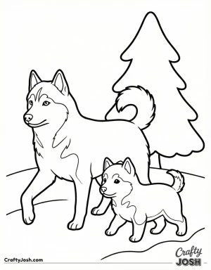 Adult and puppy husky walk