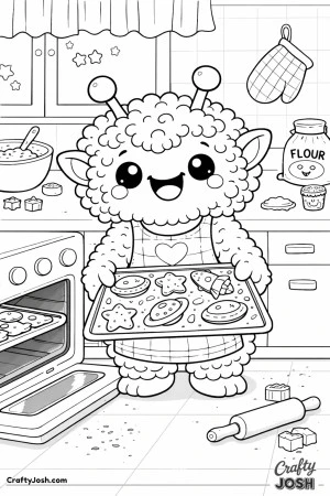 A smiling alien wearing an apron stands in a kitchen holding a tray of space-shaped cookies, with an oven, baking tools, and ingredients nearby