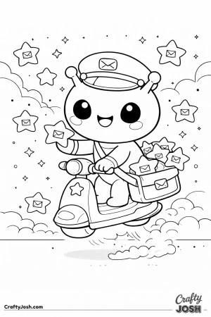 A cheerful alien mail carrier rides a small hover scooter while delivering star-shaped letters, with clouds and stars floating all around