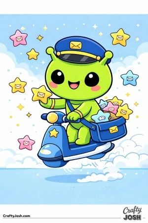 A cheerful alien mail carrier rides a small hover scooter while delivering star-shaped letters, with clouds and stars floating all around