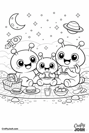 This image shows a happy alien family sitting together on a picnic blanket, smiling and enjoying food on their planet with stars, a moon, and a ..