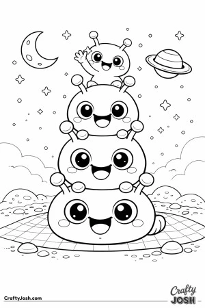 This image shows a family of round aliens stacked on top of each other like a totem, all smiling happily in an outer space setting with stars, a ..