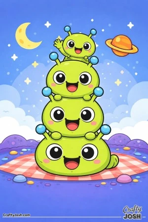 This image shows a family of round aliens stacked on top of each other like a totem, all smiling happily in an outer space setting with stars, a ..