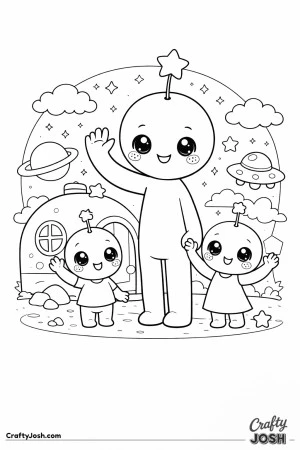 This image shows an alien family waving together in their front yard on another planet, with a dome-shaped home, stars, planets, clouds, and a flying ..