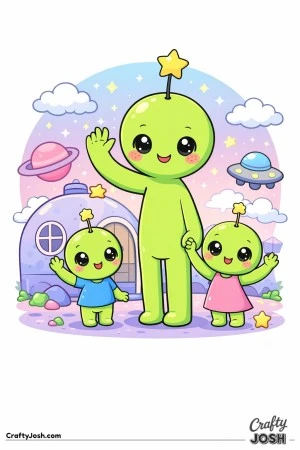 This image shows an alien family waving together in their front yard on another planet, with a dome-shaped home, stars, planets, clouds, and a flying ..