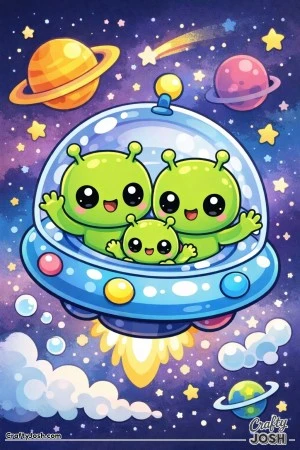 A happy alien family travels together inside a round spaceship, smiling and waving as they fly through outer space with stars and planets around them
