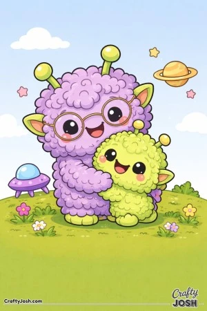 A smiling grandparent alien wearing glasses hugs a young alien, with stars, clouds, a flying saucer, flowers, and a ringed planet in the background