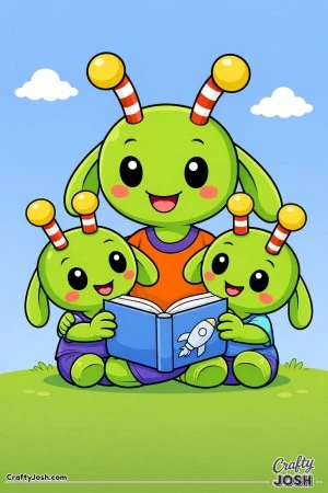 A single alien parent sits on the ground reading a book while two little alien children listen closely and smile.
