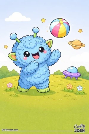 A smiling fuzzy alien is playing catch with a floating ball on a grassy hill, with stars, clouds, a UFO, flowers, and a ringed planet in the sky
