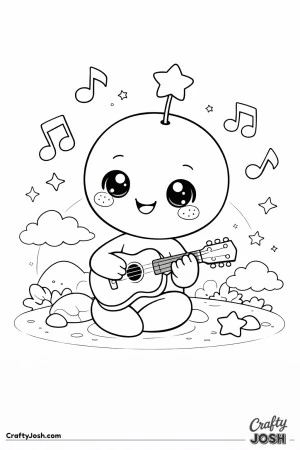 This image shows a happy alien sitting and playing a musical instrument while music notes float around in a playful space scene with stars, clouds, ..