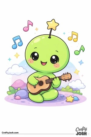 This image shows a happy alien sitting and playing a musical instrument while music notes float around in a playful space scene with stars, clouds, ..