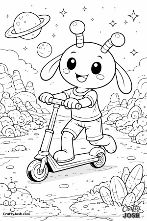 A cheerful alien rides a scooter across a colorful alien planet, smiling confidently with planets and stars in the sky behind them.