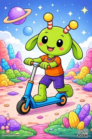 A cheerful alien rides a scooter across a colorful alien planet, smiling confidently with planets and stars in the sky behind them.
