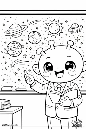 A friendly alien teacher smiles proudly while standing in front of a chalkboard covered with planets, stars, and space drawings, holding a book and a ..