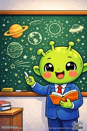 A friendly alien teacher smiles proudly while standing in front of a chalkboard covered with planets, stars, and space drawings, holding a book and a ..