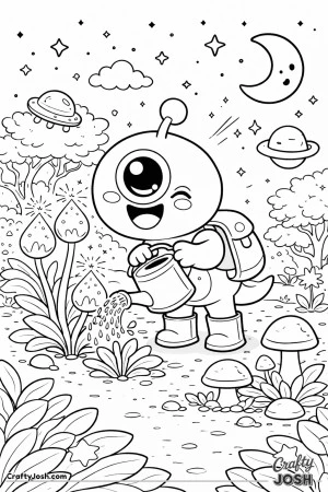 A friendly one-eyed alien smiles while watering glowing alien plants in a whimsical space garden filled with stars, plants, and mushrooms