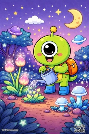 A friendly one-eyed alien smiles while watering glowing alien plants in a whimsical space garden filled with stars, plants, and mushrooms