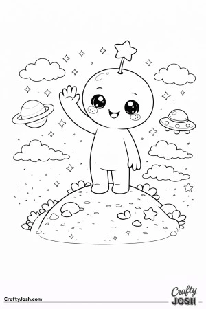 This image shows a friendly alien standing on top of a small hill and waving, with stars, clouds, a ringed planet, and a flying saucer in the space ..