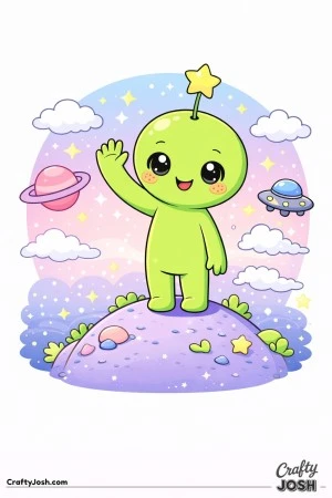 This image shows a friendly alien standing on top of a small hill and waving, with stars, clouds, a ringed planet, and a flying saucer in the space ..