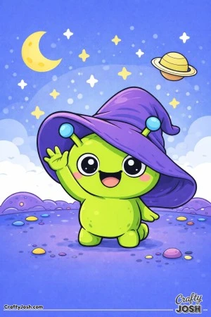 This image shows a happy green alien wearing an oversized floppy hat, waving cheerfully while standing on a colorful alien landscape under a starry ..